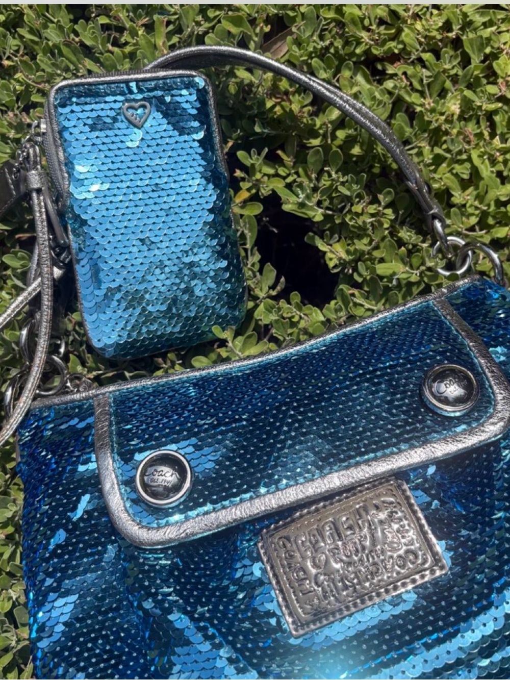 Coach Blue Sequin Shoulder Bag with Matching Pouch